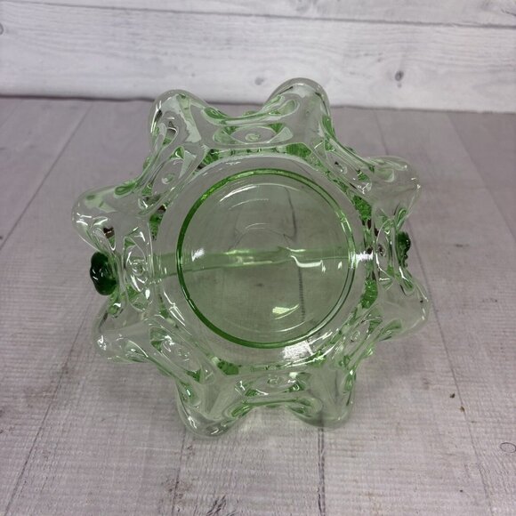Hand Made SEA MIST GREEN Ruffled Circles Eye Handled Art Glass 7" Tall Basket - Picture 8 of 16